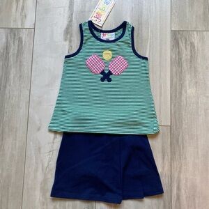 NWT JellyBean by Smock Candy Navy & Green Pickleball Sleeveless Bow Top & Skort